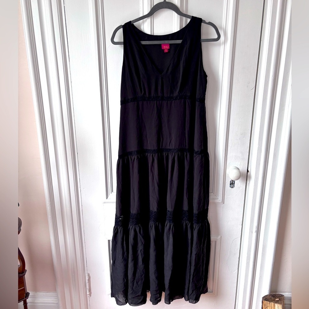 G.I.L.I Black 100% Silk Tiered Lace Trim Maxi Dress Whimsigoth Size 8